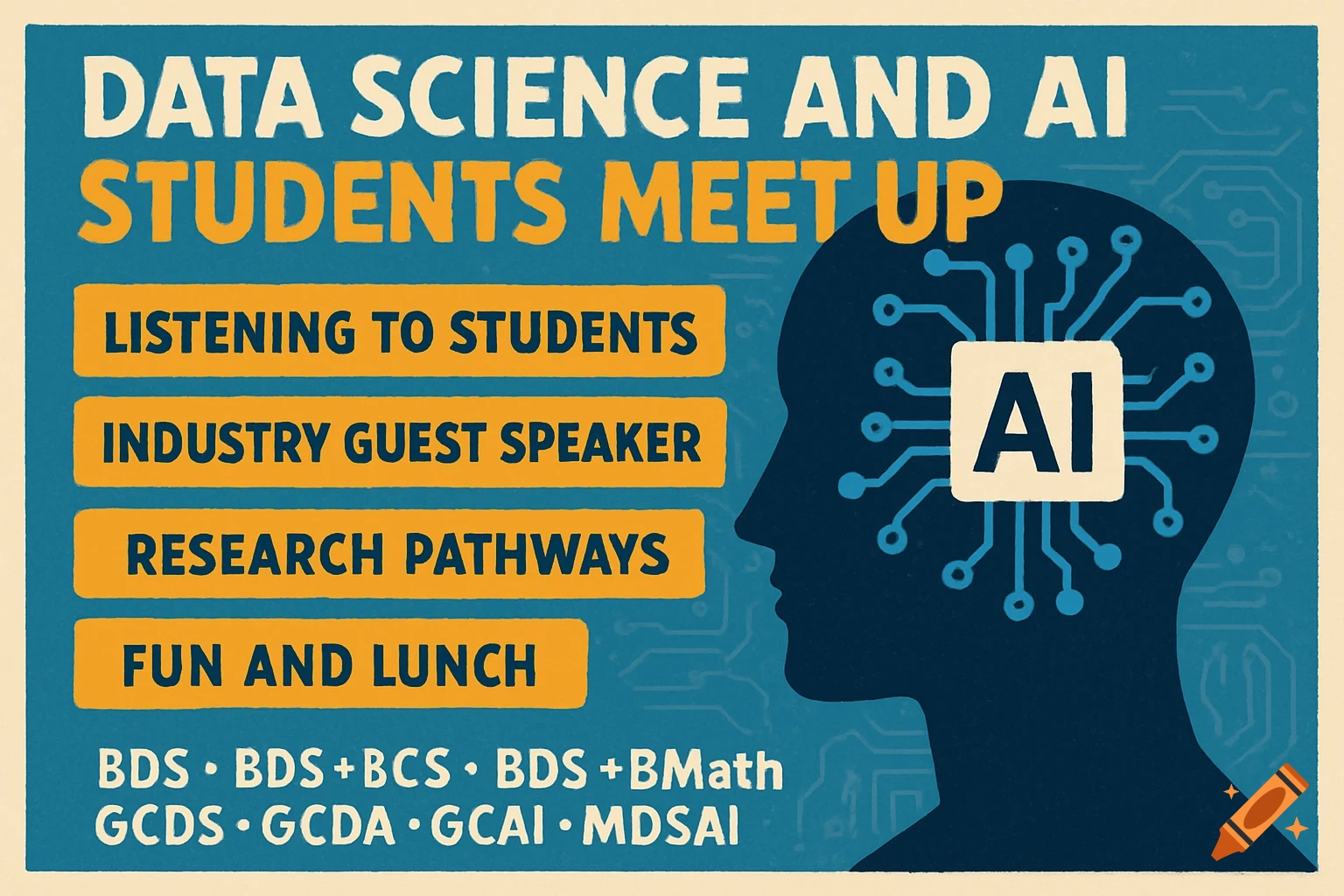 Poster for Data Science and AI Students Meet Up with text and a graphic of a head with circuitry.