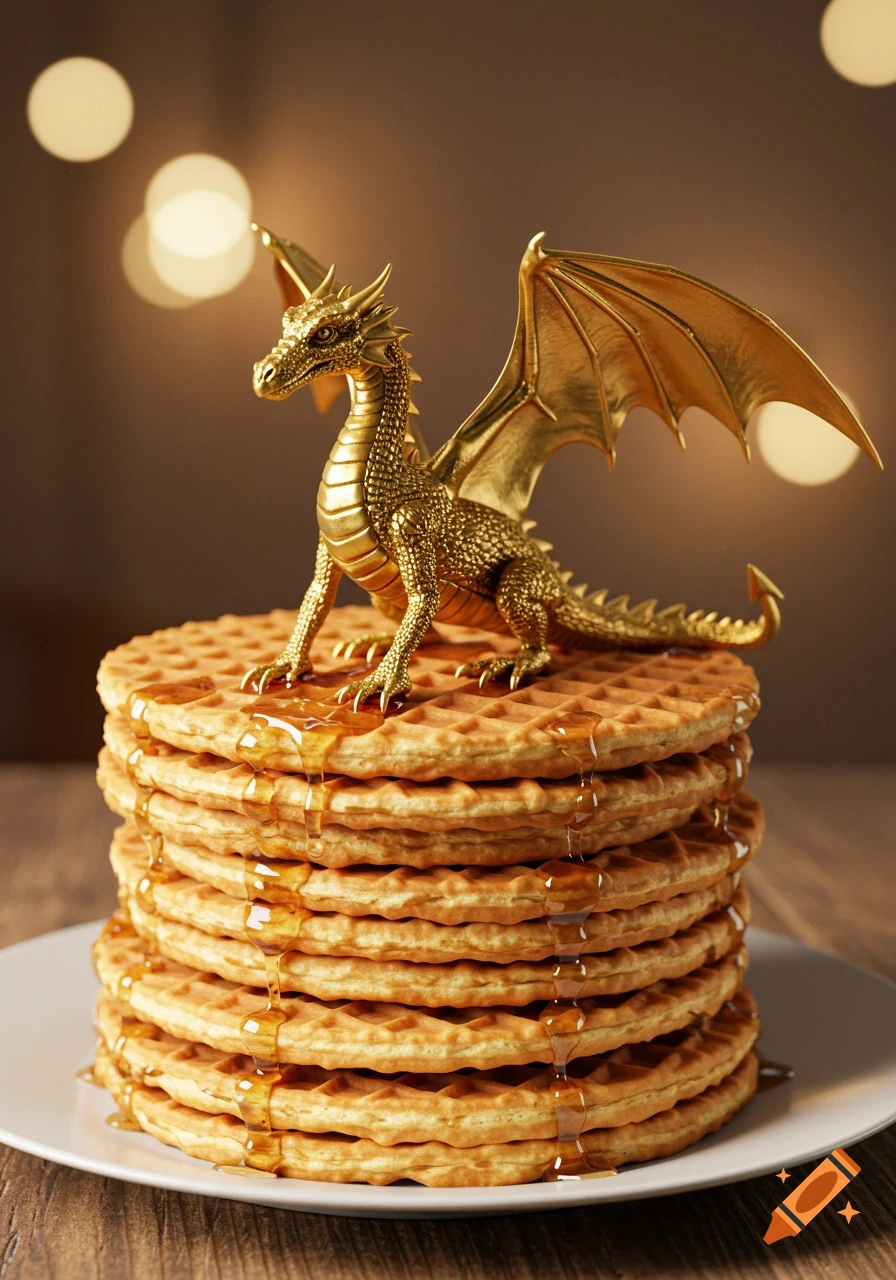 Golden dragon perched on a tall stack of waffles dripping with syrup.