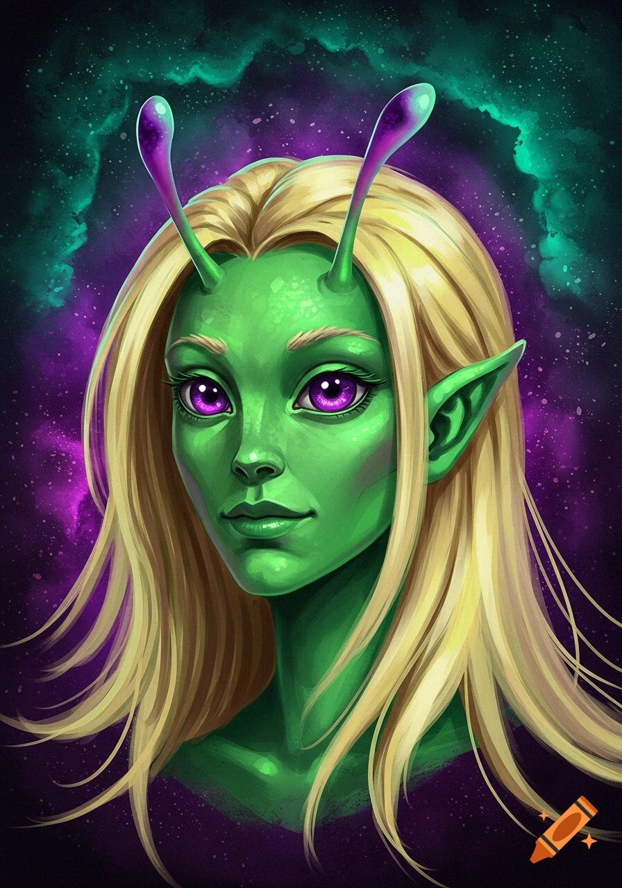 A digital painting of a green-skinned alien woman with blonde hair, purple eyes, and antennas, against a purple and green cosmic background.