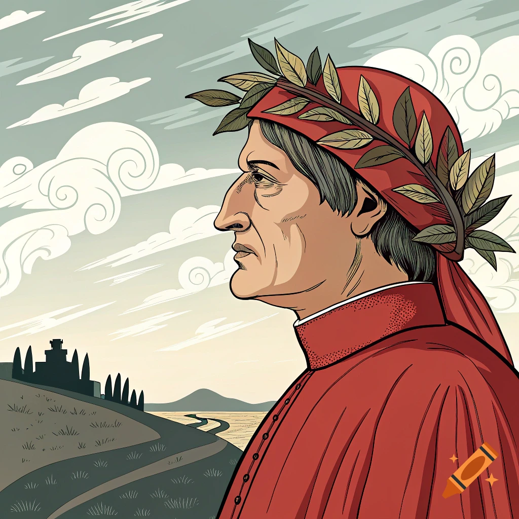 Vector illustration of a man in a red robe and laurel wreath, in profile, looking left at a landscape with a building.