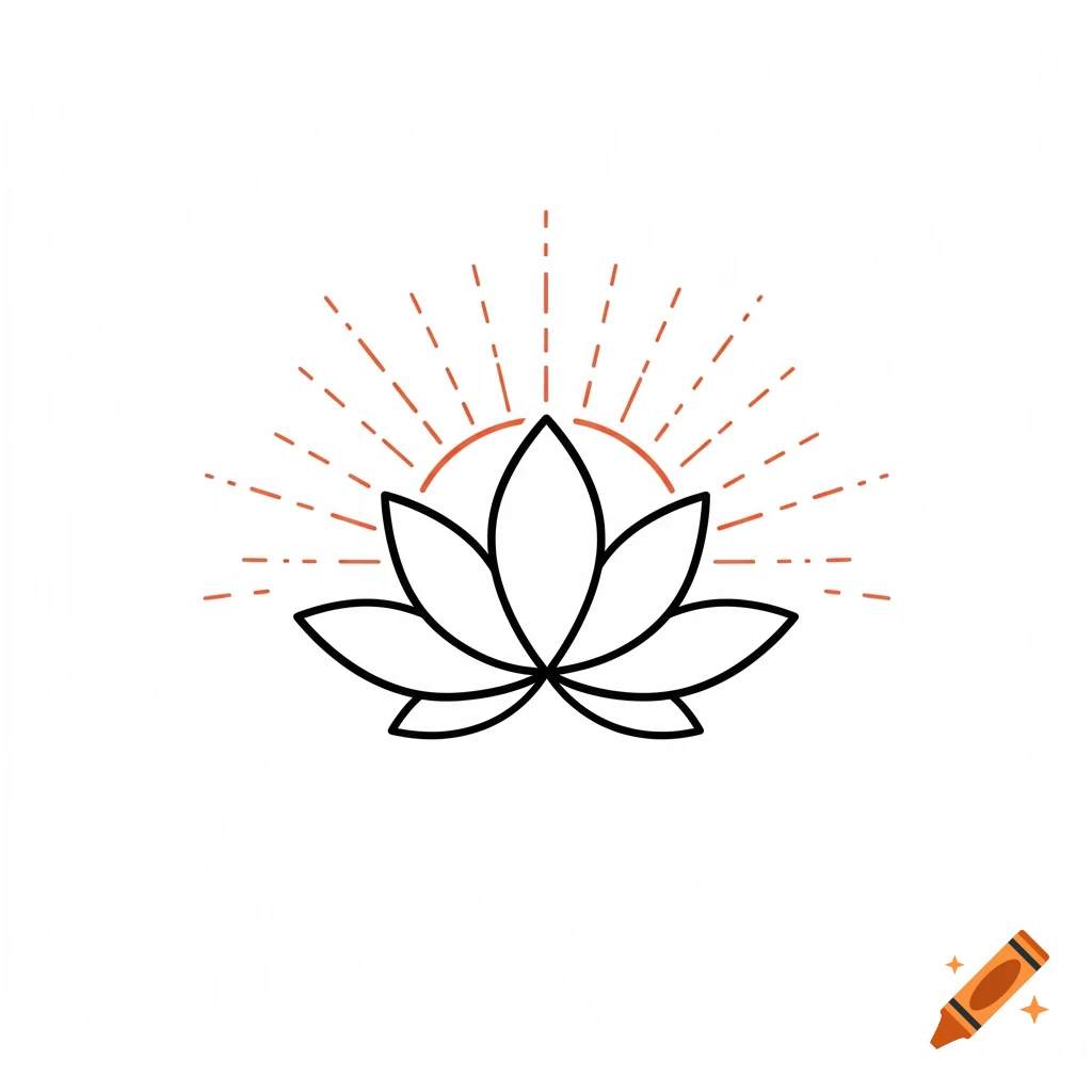 A simple line drawing of a lotus flower with sun rays behind it.