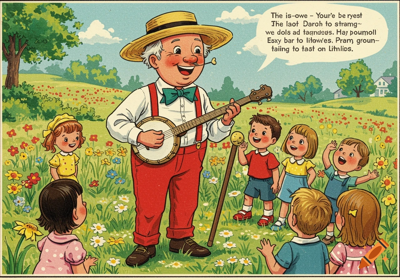 Vintage illustration of a man playing banjo for children in a field of flowers.