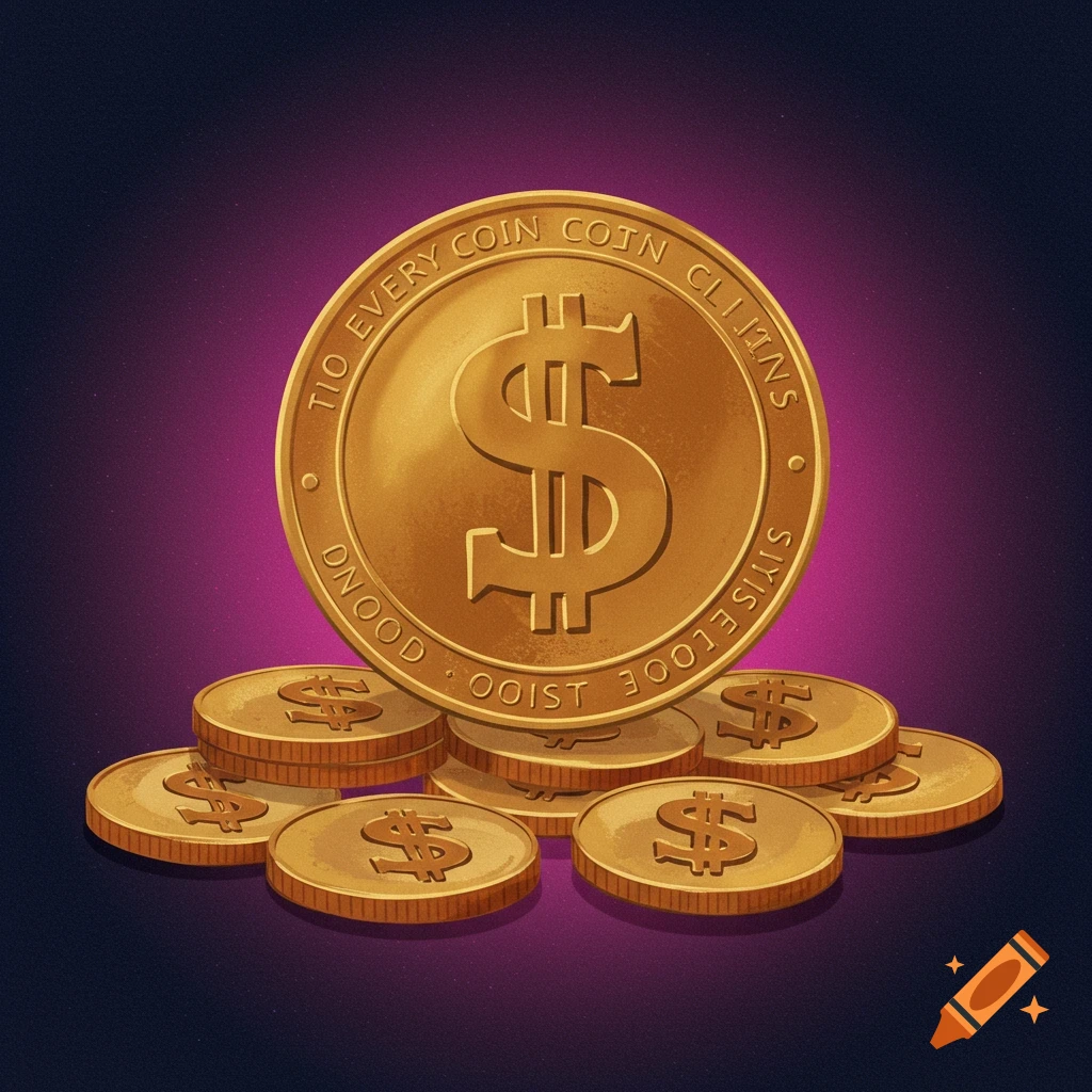 Pile of gold coins with dollar signs against a dark background