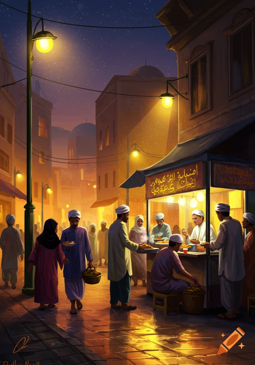 Painterly style image of people gathered at a food stall on a wet street at night under lanterns.