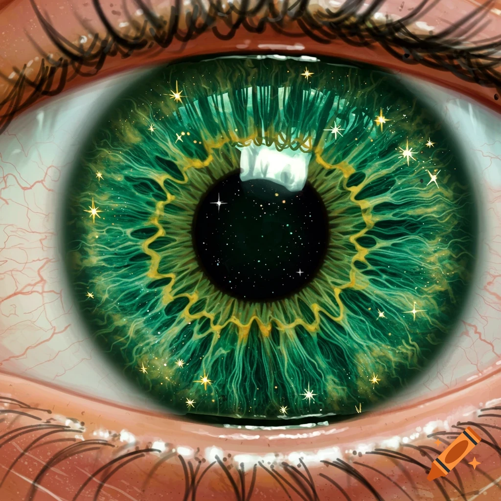 Close-up of a detailed green eye with a starry pupil.