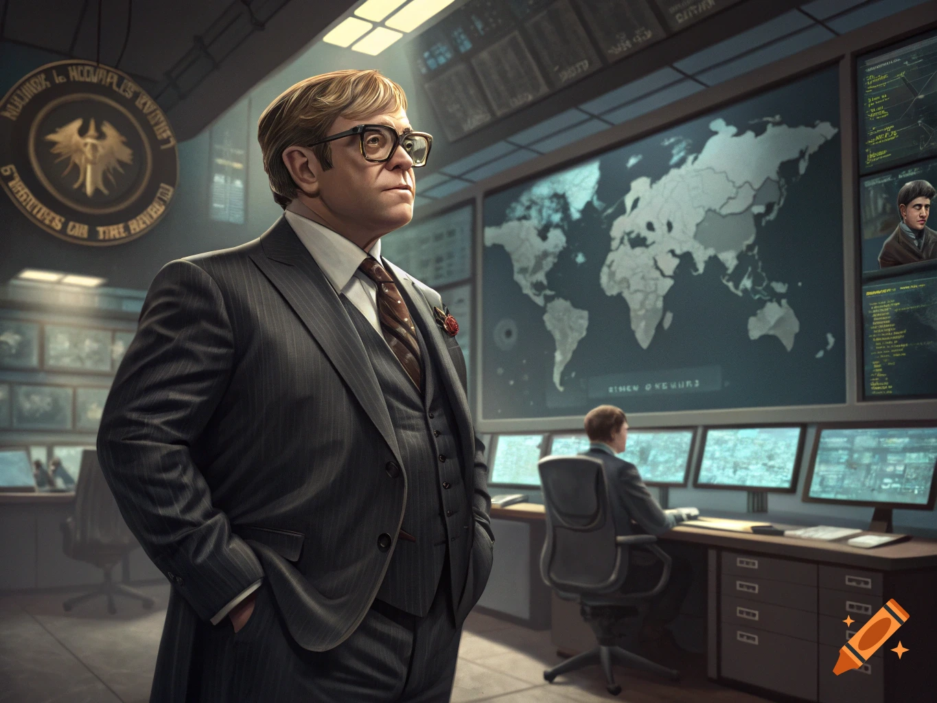 Man resembling Elton John in a suit stands in a control room with large screens.