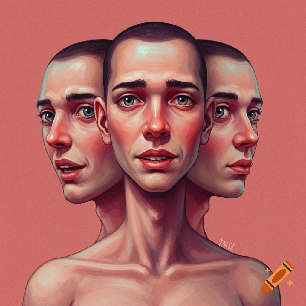 Painting of a person with three heads against a pink background.