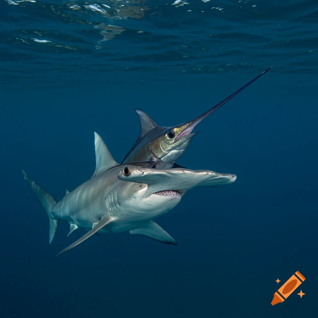 A photorealistic image of a hammerhead shark and a swordfish swimming underwater.