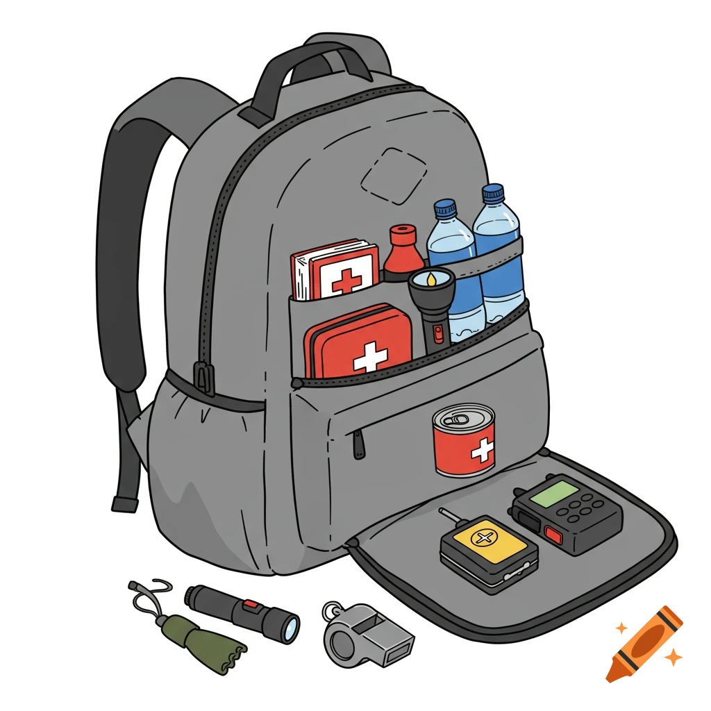 Illustration of a gray backpack packed with emergency supplies including water bottles, first aid kits, flashlight, and radio.