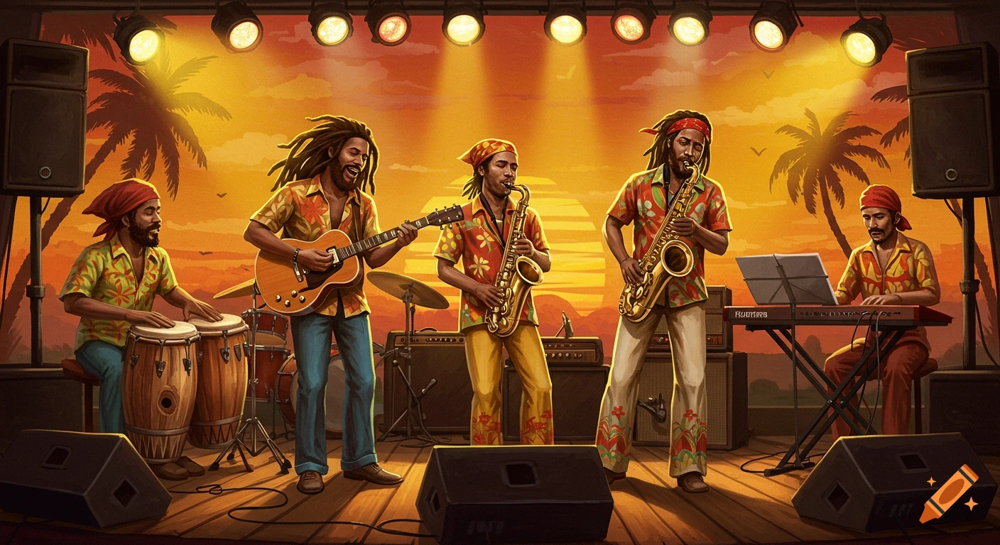 Reggae band playing drums, guitars, saxophone, and keyboard on a stage at sunset.