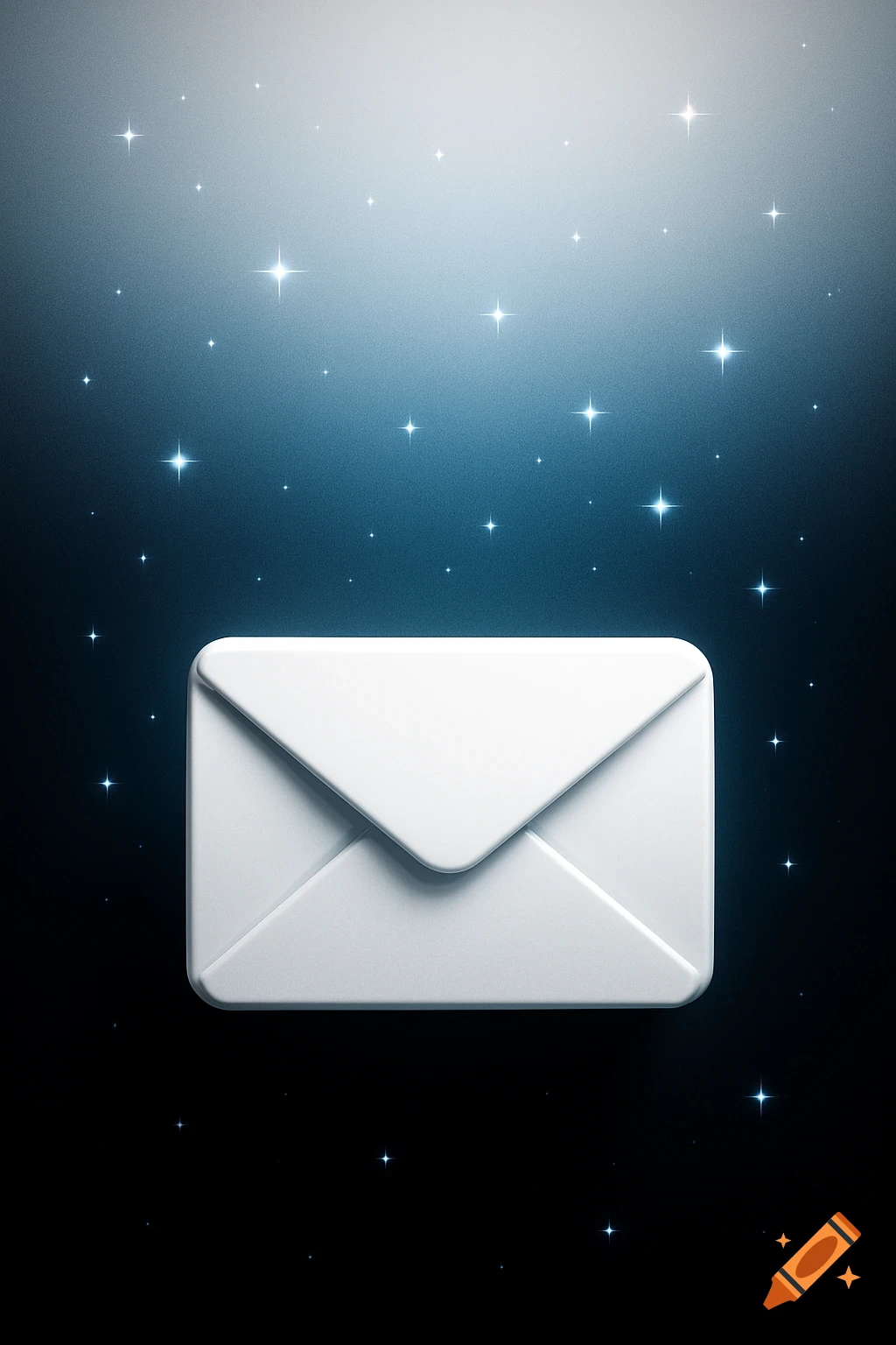 A white 3D email envelope icon against a dark blue background with glowing stars.