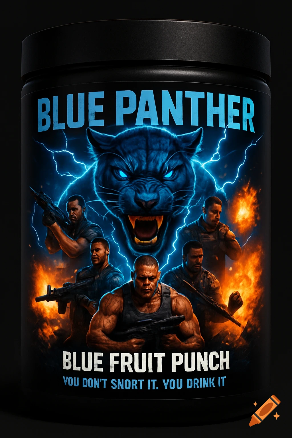 Black product jar labeled BLUE PANTHER BLUE FRUIT PUNCH showing a blue panther head, five muscular men with guns, lightning, and fire.