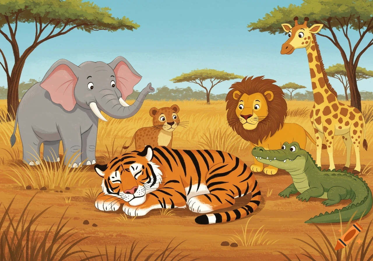 Cartoon illustration of a sleeping tiger in a savanna surrounded by an elephant, lion, crocodile, and giraffe.