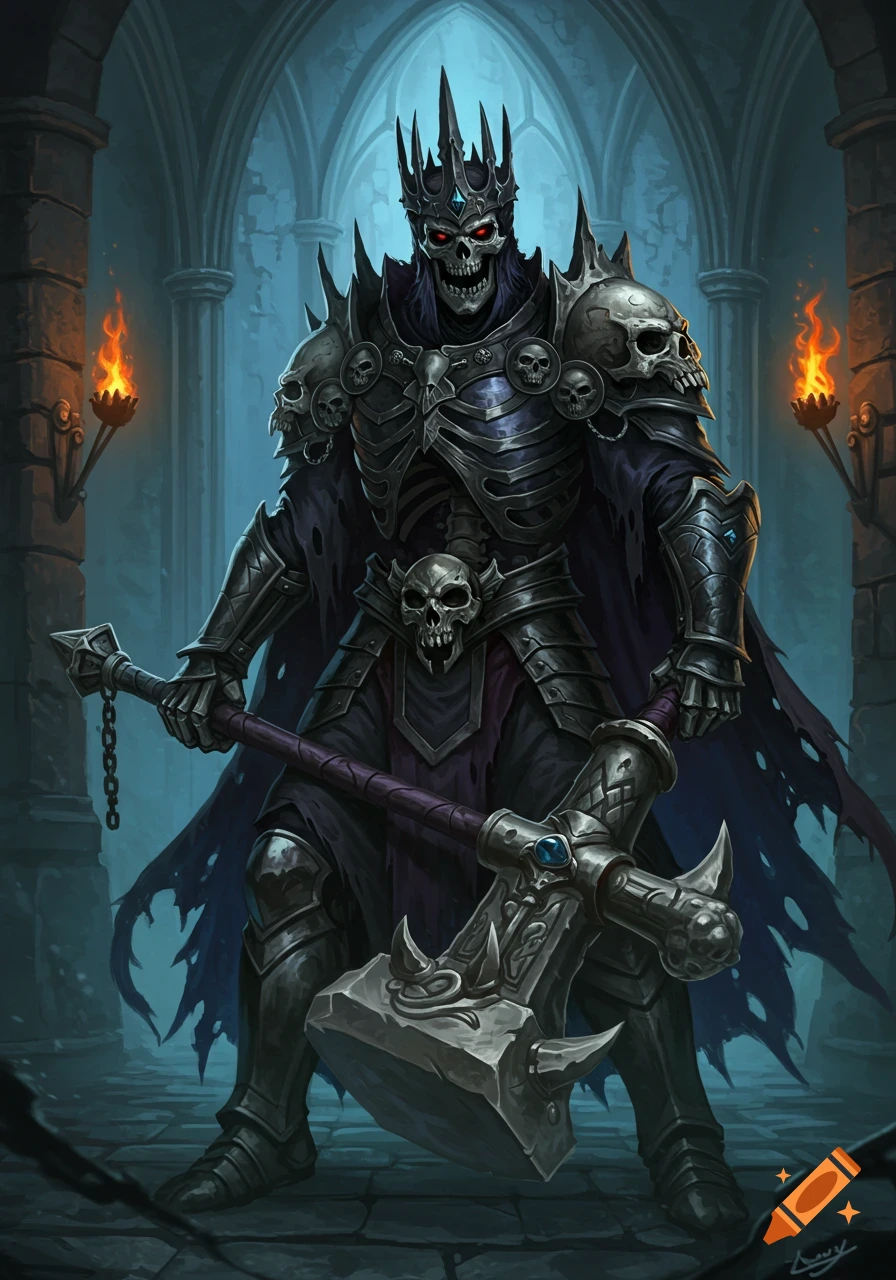 A fully armored skeleton king with a spiked crown stands holding a large hammer in a dark castle hall illustration.