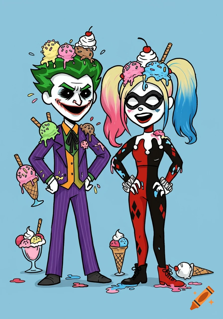 Cartoon drawing of the Joker and Harley Quinn standing together, covered in melting ice cream.