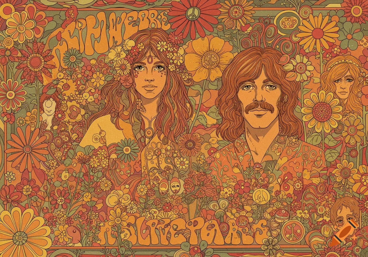 Retro illustration of a man and woman in a flower garden with text, 60s style.