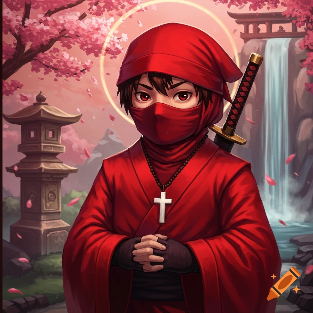 Anime illustration of a red-clad ninja with a cross necklace in a Japanese landscape with cherry blossoms and waterfall.