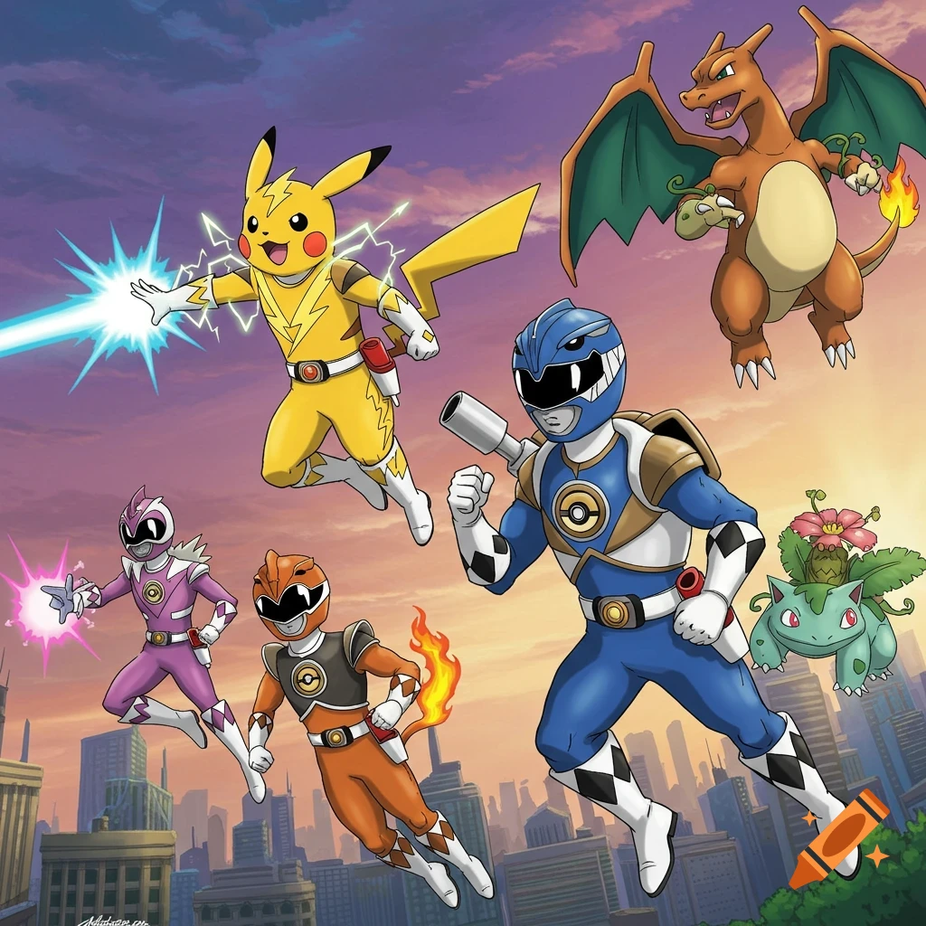 Pikachu and other Pokemon dressed as Power Rangers fly above a city with Charizard and Bulbasaur in an illustration.