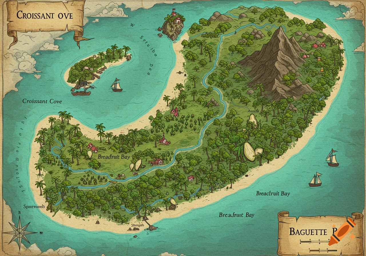 Illustrated map of a tropical island with bays, coves, mountains, and text labels.