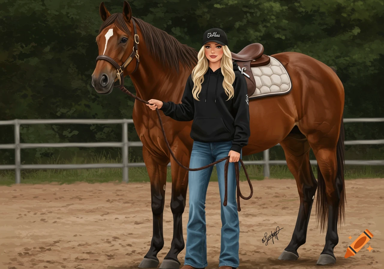Digital painting of a blonde woman in a hoodie and jeans standing next to a brown horse.