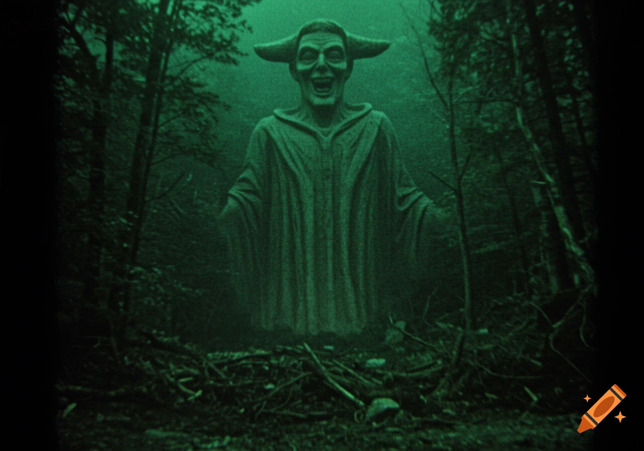 Creepy figure in a hooded robe with horns standing in a dark forest, green vintage horror film style.