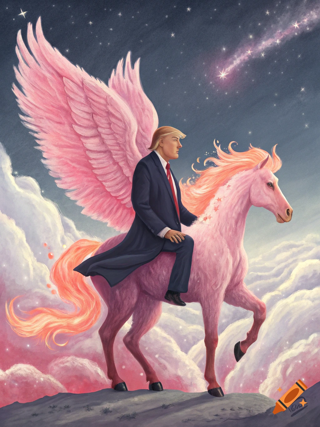 Donald Trump riding a pink winged unicorn through clouds at night.
