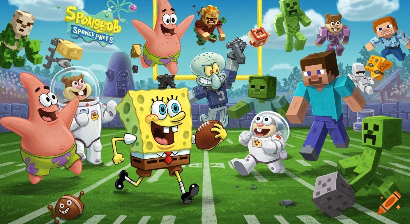 Spongebob, Patrick, Sandy, and Squidward play American football against Minecraft characters like Steve, Creepers, and Zombies on a field.