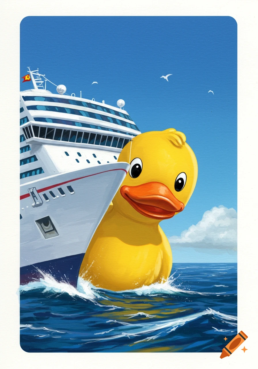 Illustration of a large cartoon rubber duck peeking from behind a white cruise ship in the ocean.
