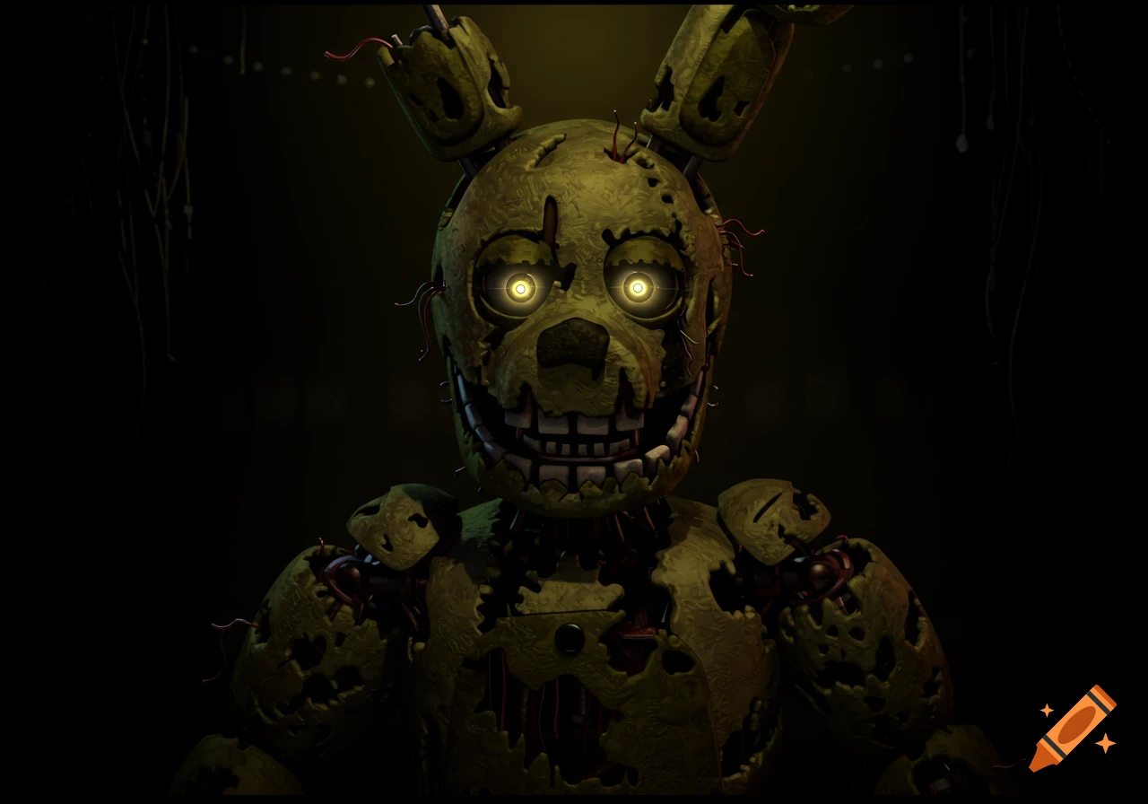 A green dilapidated animatronic character with glowing yellow eyes stares out from a dark environment.