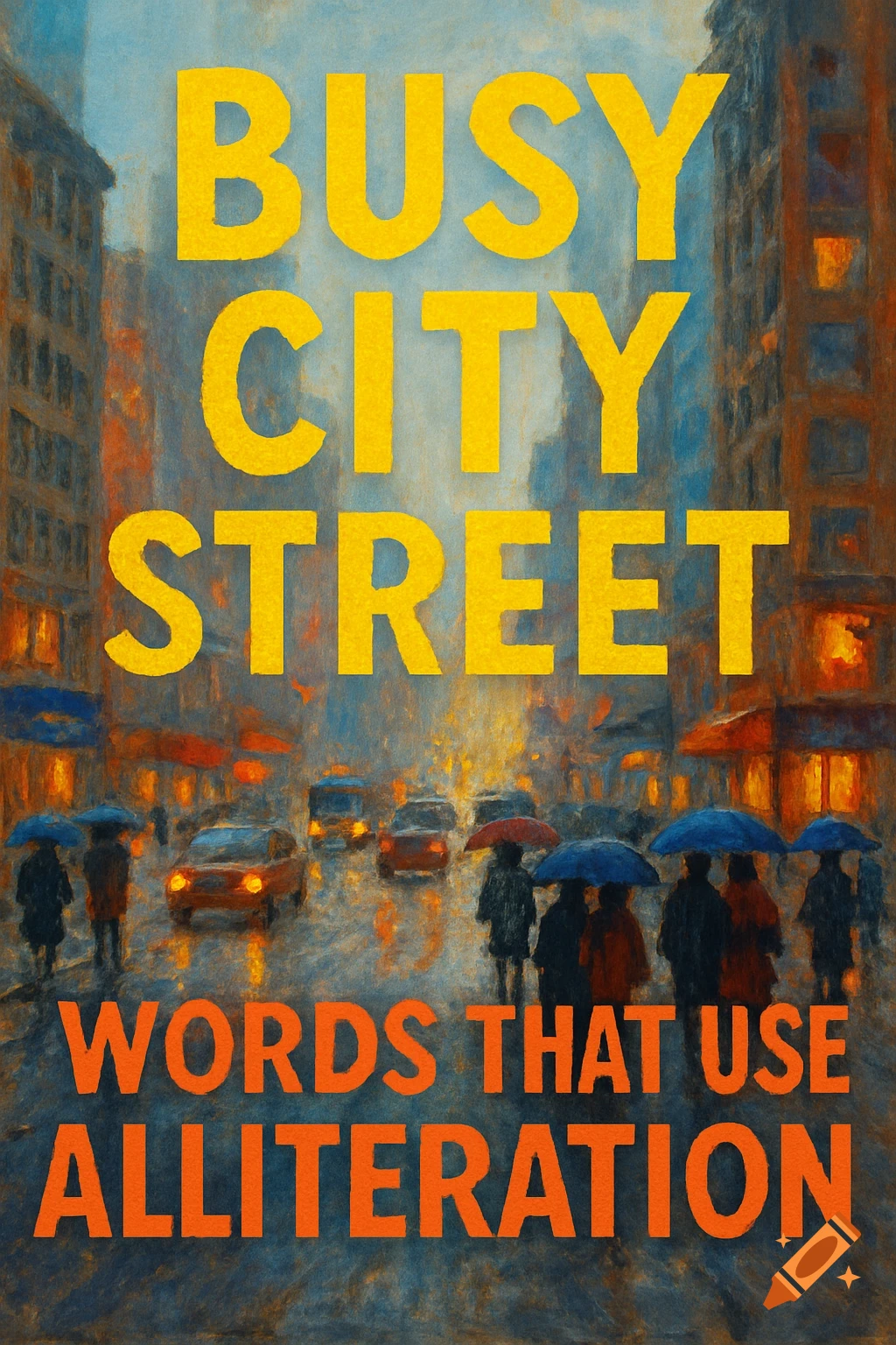 Painterly illustration of a rainy city street with cars, people with umbrellas, and large overlay text.