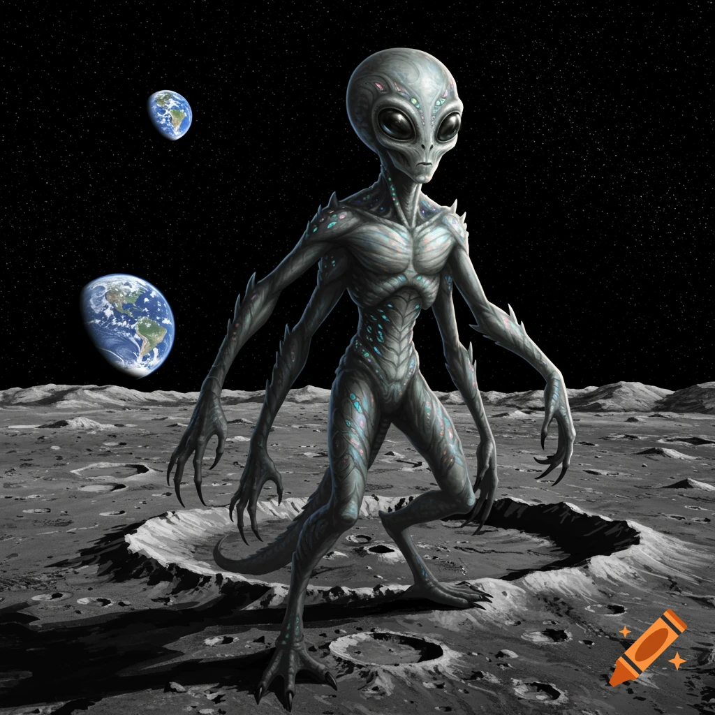 A grey alien with multiple arms stands on the moon surface with Earth and stars in the background.