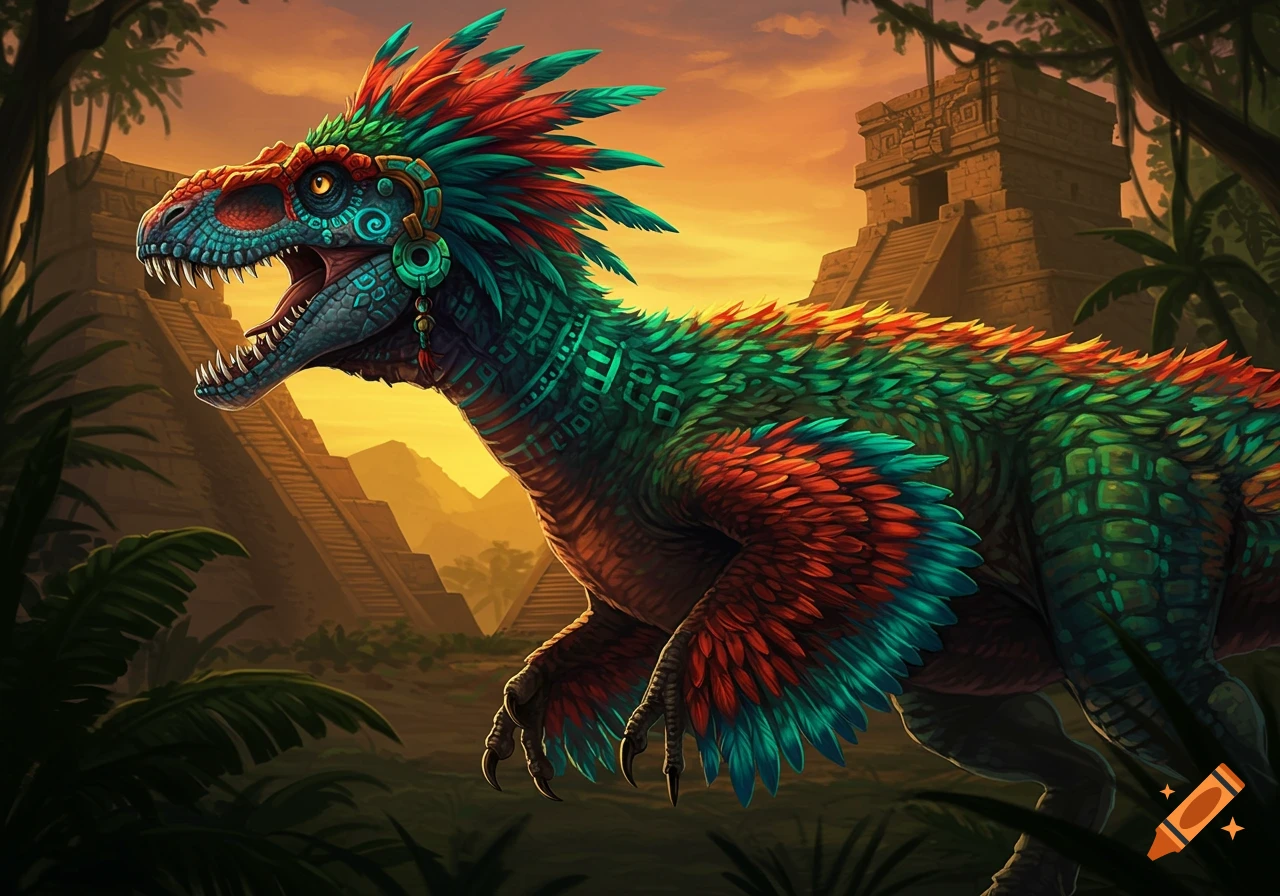 Colorful feathered dinosaur with ancient jewelry in a jungle near pyramids at sunset.