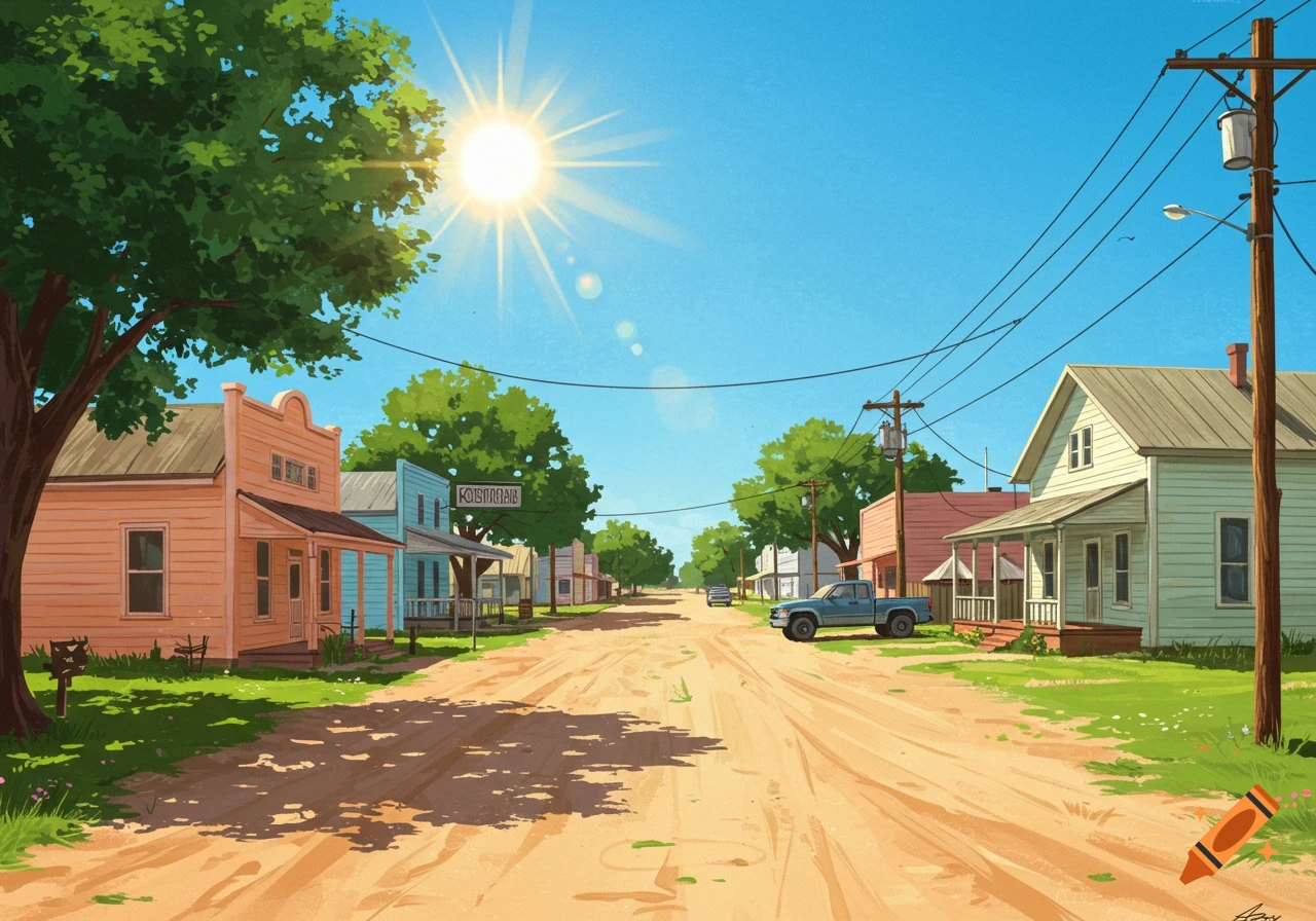 Illustration of a dusty street in a sunny small town with wooden buildings and a pickup truck.
