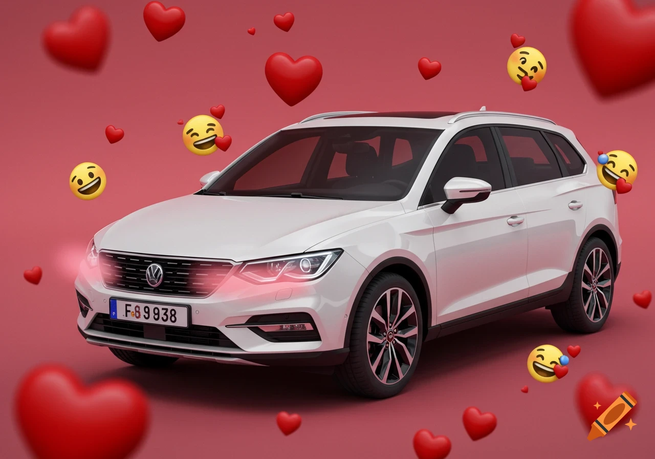 White car with glowing headlights surrounded by red hearts and laughing emojis on a red background.