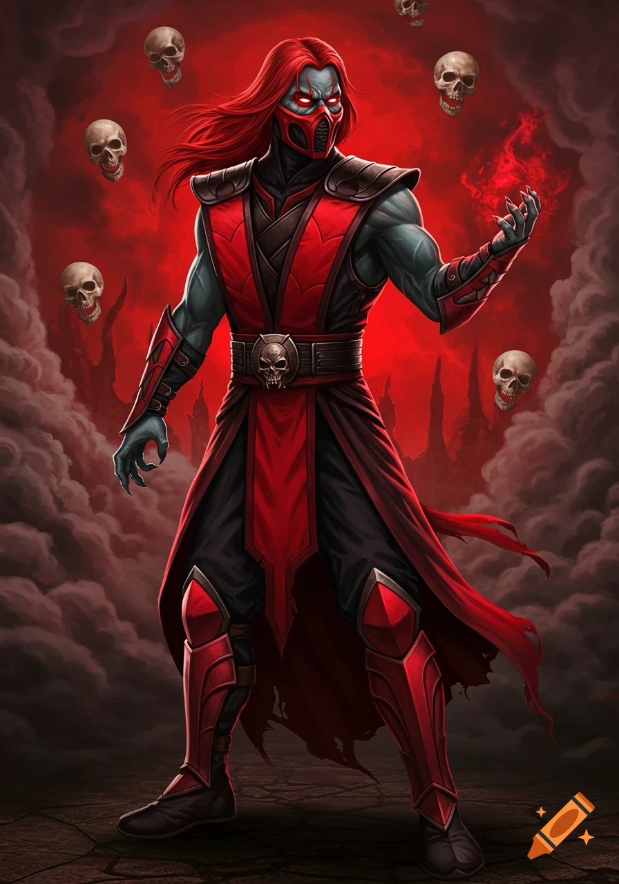Character in a red and black outfit and mask with red hair, standing in a smoky, red environment with floating skulls.