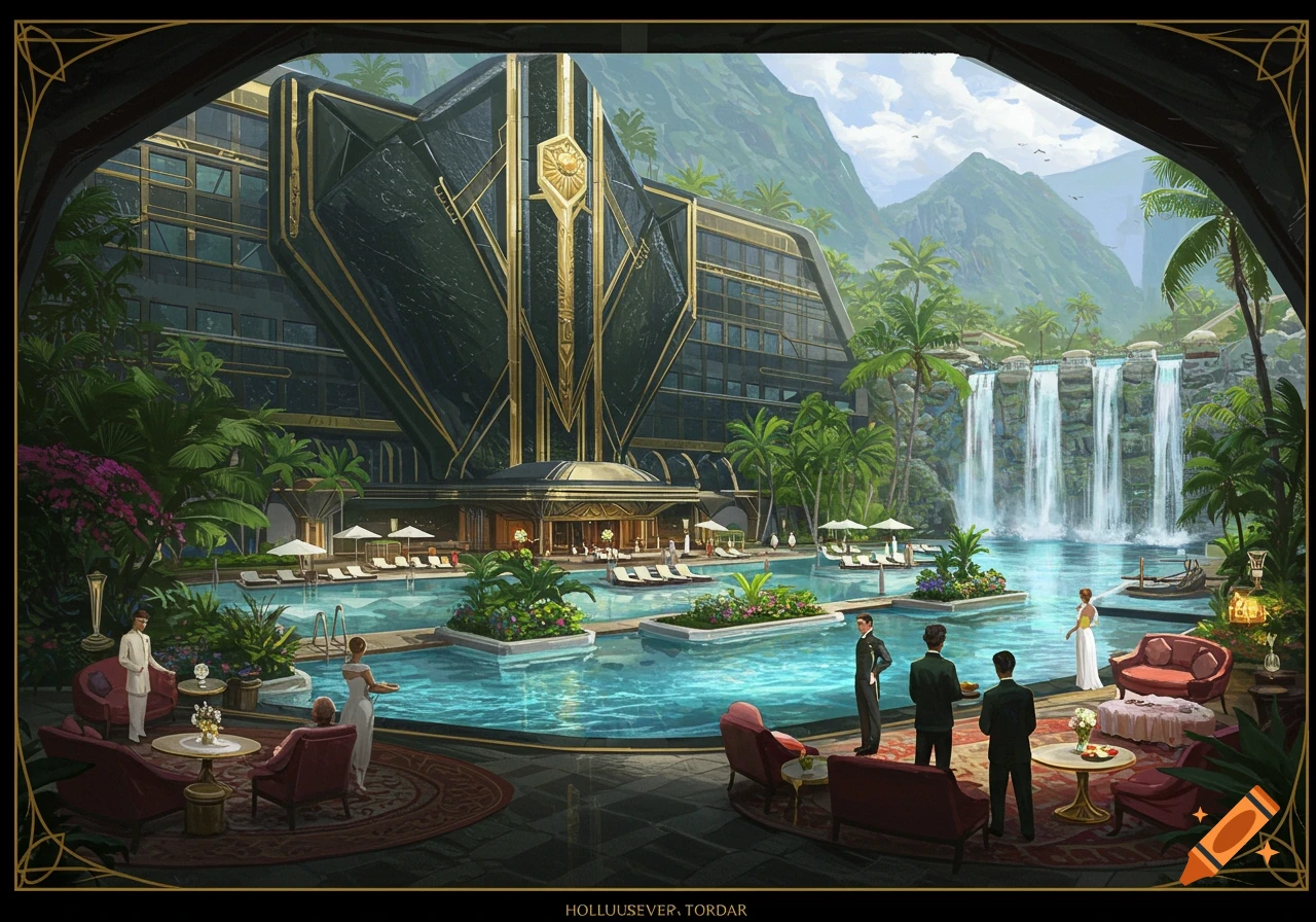 Stylized art of a fancy tropical hotel resort with a large pool, people, waterfalls, and mountains in the background.