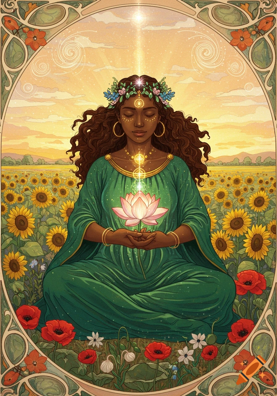 An Art Nouveau illustration of a person meditating with a lotus in a field of sunflowers and poppies, framed by decorative borders.