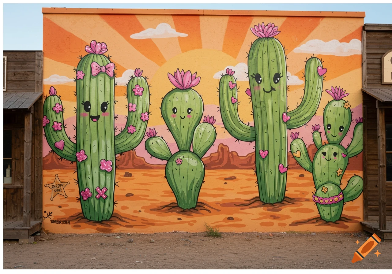 Cartoon cacti mural with a western desert background