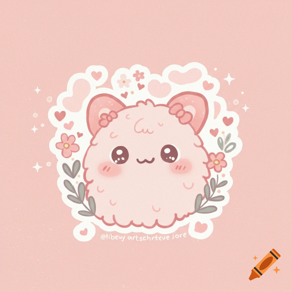 A cute pink fluffy creature sticker surrounded by hearts and flowers.
