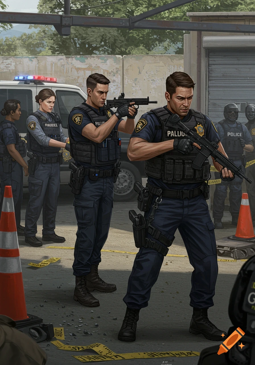 Illustration of police officers with rifles standing near a police car and yellow tape.