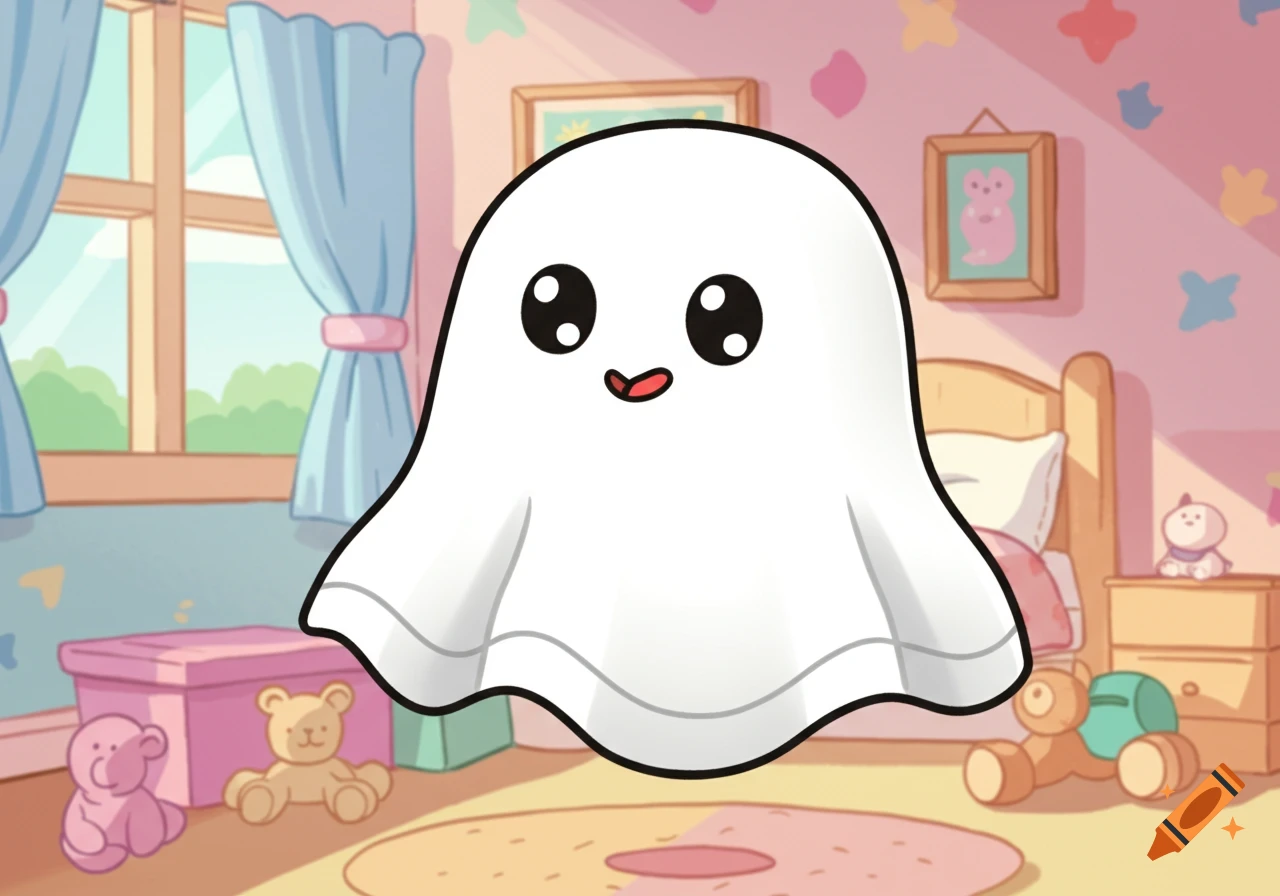 A cute cartoon ghost character floats in a pastel bedroom with toys.