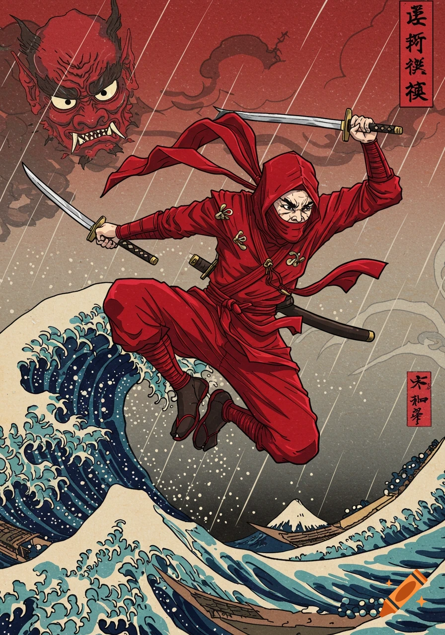 A red ninja leaps over large waves with swords in a Japanese art style, with a red oni mask in the background.