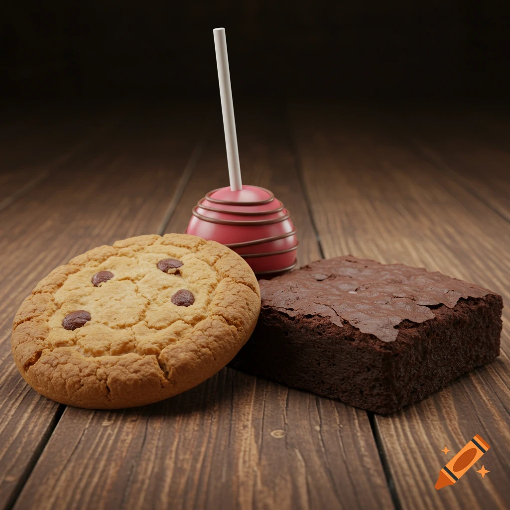 A chocolate chip cookie, a pink cake pop, and a brownie on a wooden table.