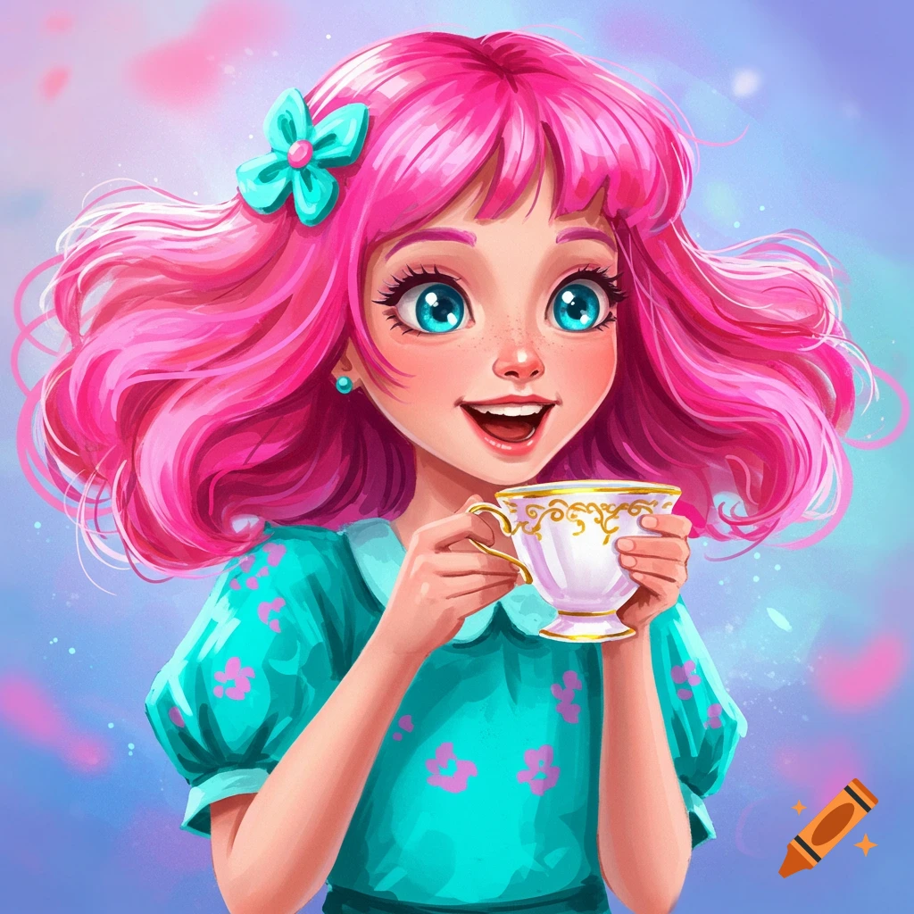 Cartoon illustration of a happy girl with pink hair holding a fancy teacup.