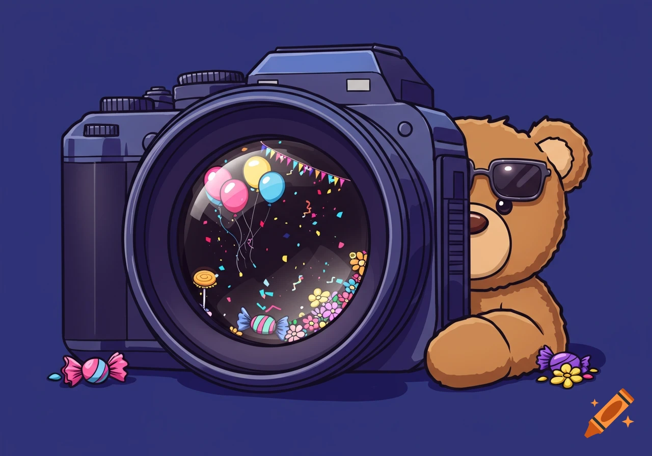 A vector illustration of a cool teddy bear hiding behind a large camera with balloons, confetti, and candy reflected in the lens.