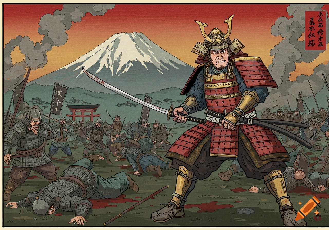 A samurai warrior stands victoriously on a battlefield with fallen foes, holding a bloodied katana, in front of Mount Fuji and a torii gate. Style resembles Japanese woodblock prints.