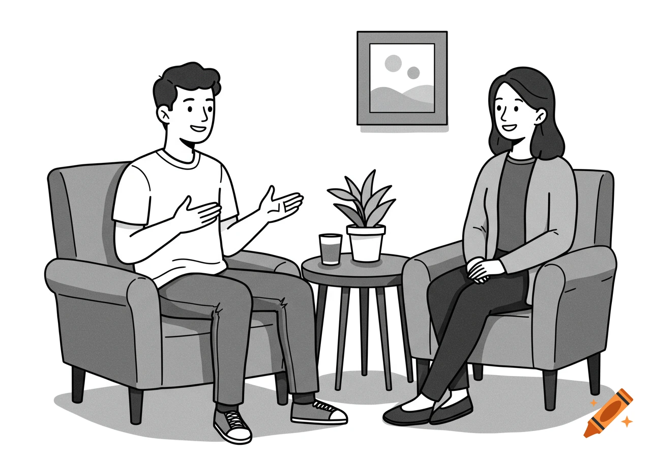 Black and white cartoon illustration of a man and woman talking in a therapy session.