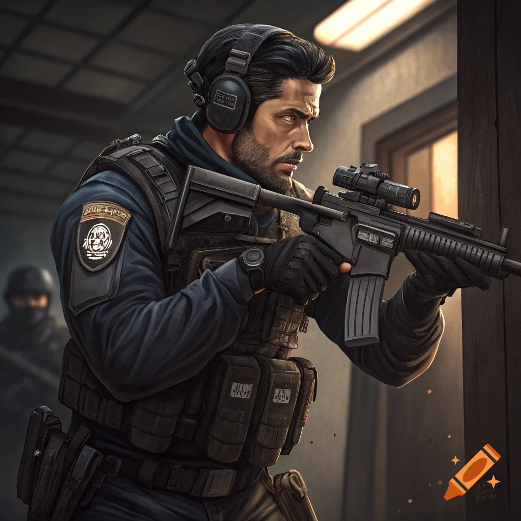 Tactical operator in uniform with a rifle in an indoor setting.