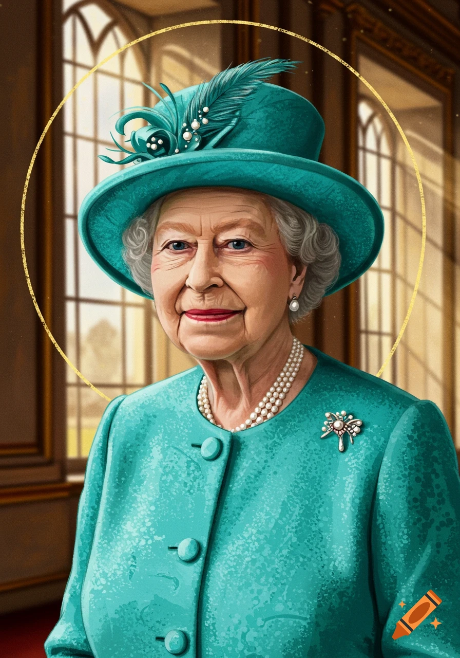 Portrait of Queen Elizabeth II in a turquoise hat and coat with pearls, a golden circle around her head.