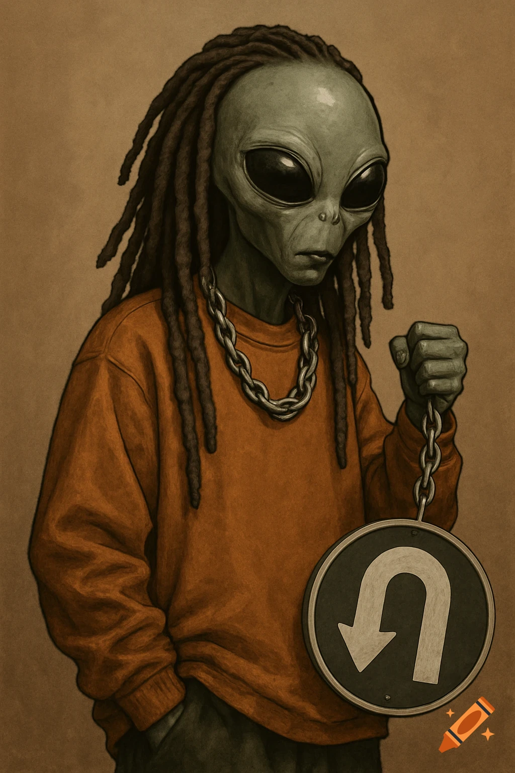 An alien character with dreadlocks, wearing a sweatshirt and chain, holds a U-turn sign. Illustration.